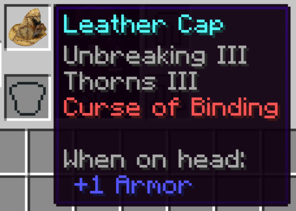 Minecraft inventory armor slots with the witch-skin hat from 'What We Do in the Shadows' in the helmet section and various stats (including 'Curse of Binding')